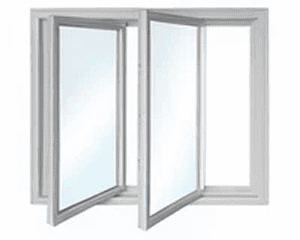 Open double-glazed window with white frame.