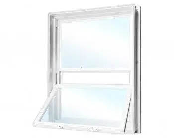 White double-hung window partially open.