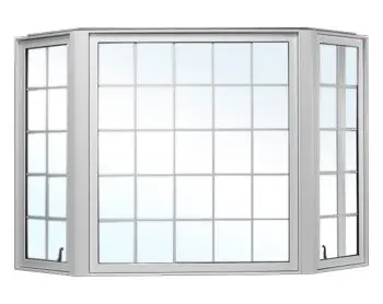 Bay window with grid pattern design.