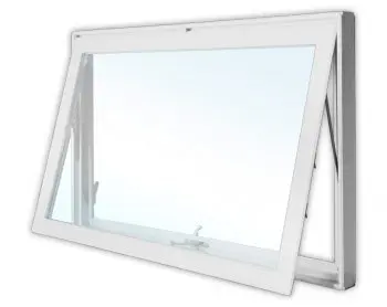 Open white awning window against white background.