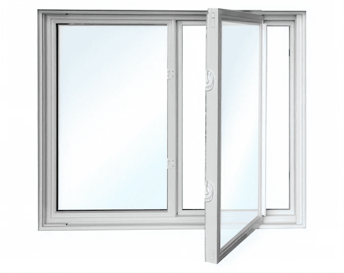 Open white sliding glass window frame.