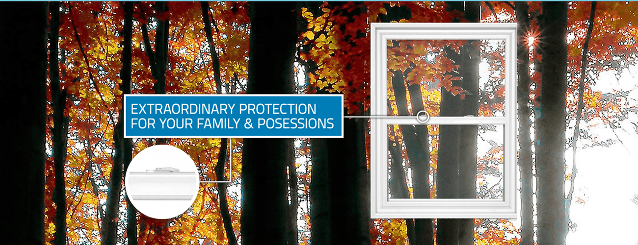 Window lock with autumn forest background.