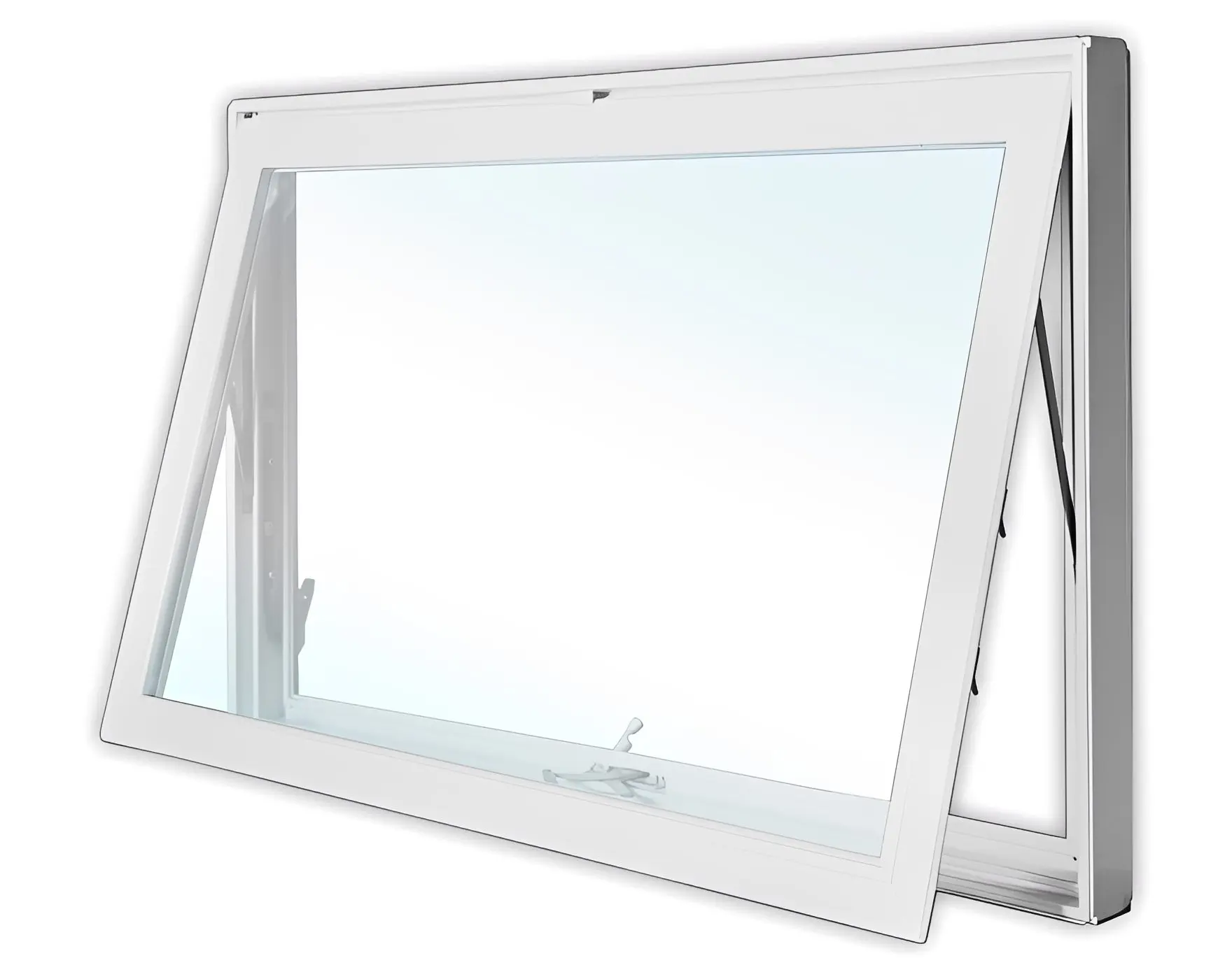 Open white awning window against white background.