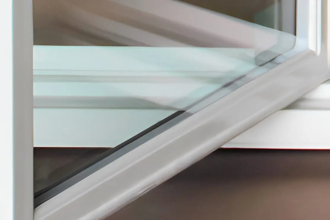 Open double-glazed window frame close-up.