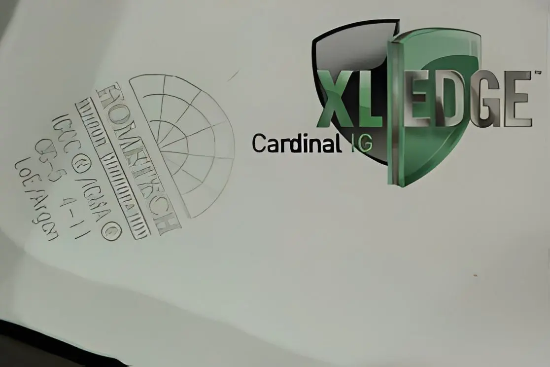 Logo and etched text on glass surface.