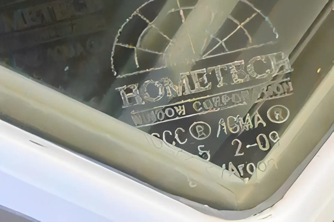Etched text on a car window corner.