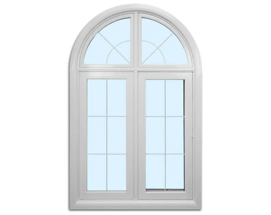 Arched window with clear glass panes.