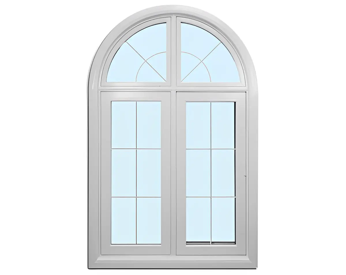 Arched window with clear glass panes.