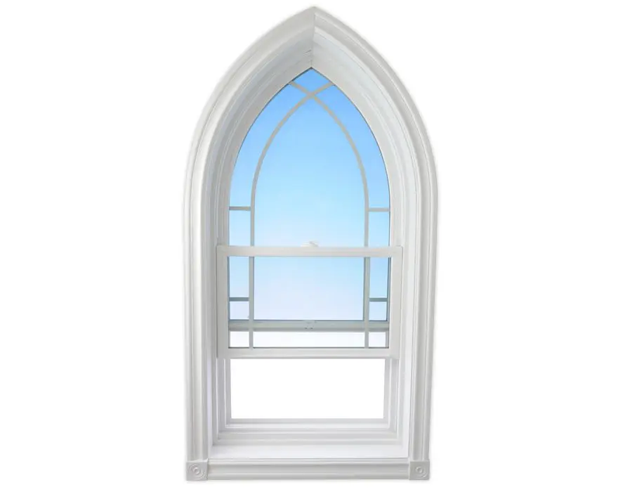 Arched window with clear blue sky view.
