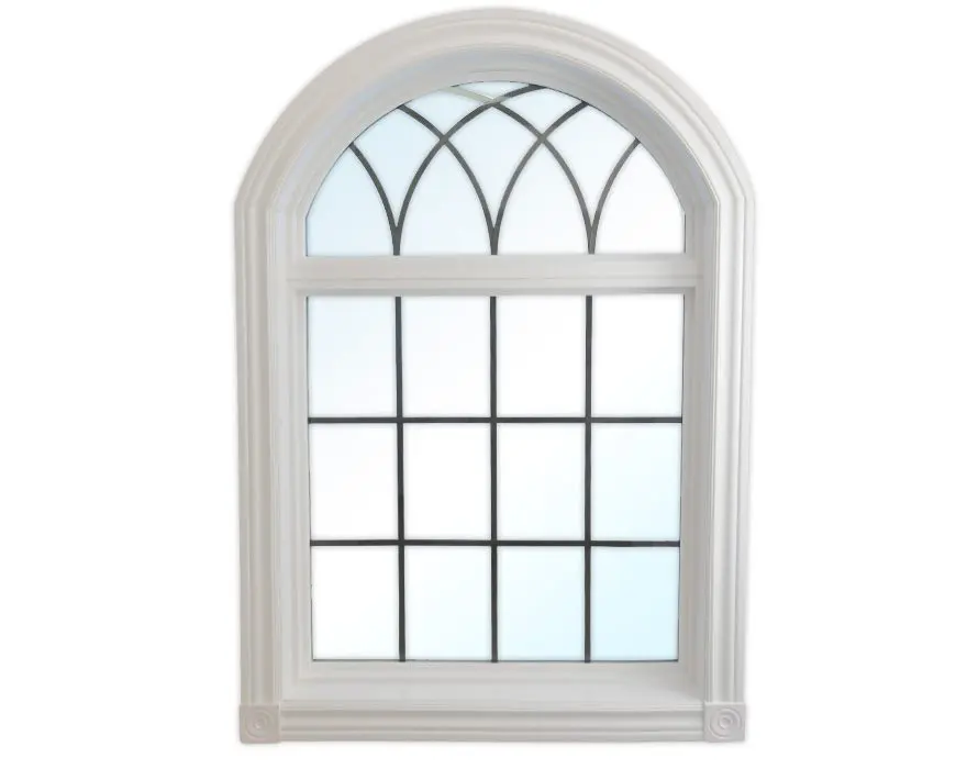 Arched window with decorative grid design.