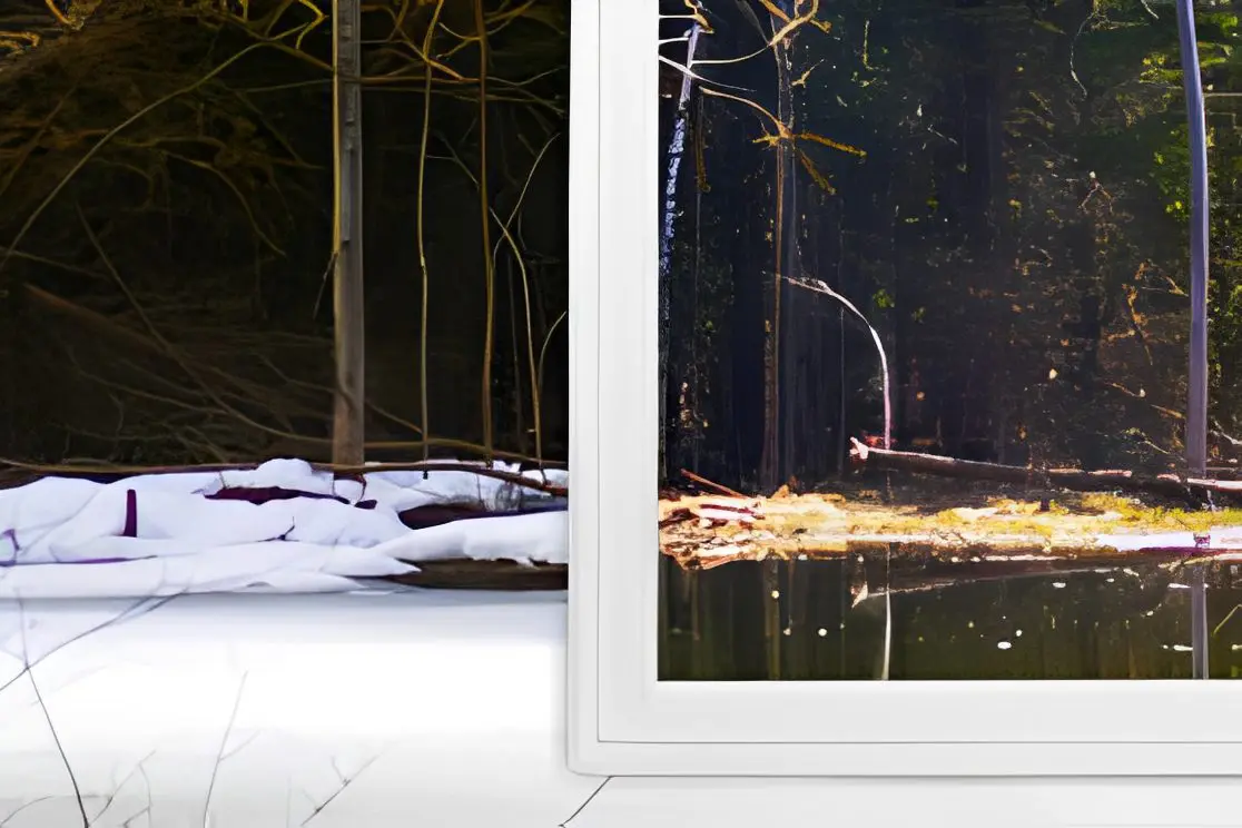 Framed nature scene with snow and water.