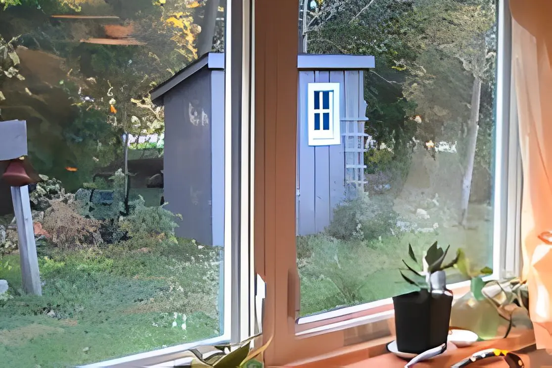 View of garden shed through window.