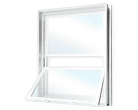 Open white window with clear blue sky.